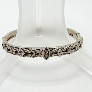 Vintage Hinged Bracelet Bangle Repousse Silver Tone 6.5"